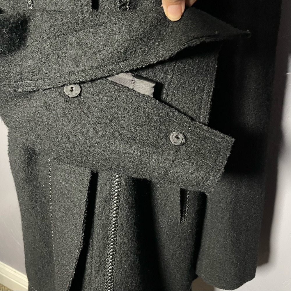 Hilary Radley 100% Boiled Wool A Line Pea Coat with Leather Trim Detail Black - Picture 11 of 12